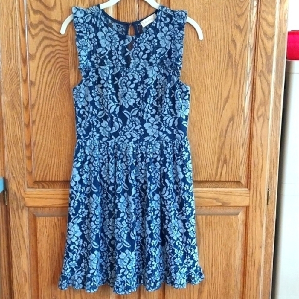 Altar'd State Women's Blue Floral Lace Ruffle Fit & Flare Dress Size M‎ Coquette
